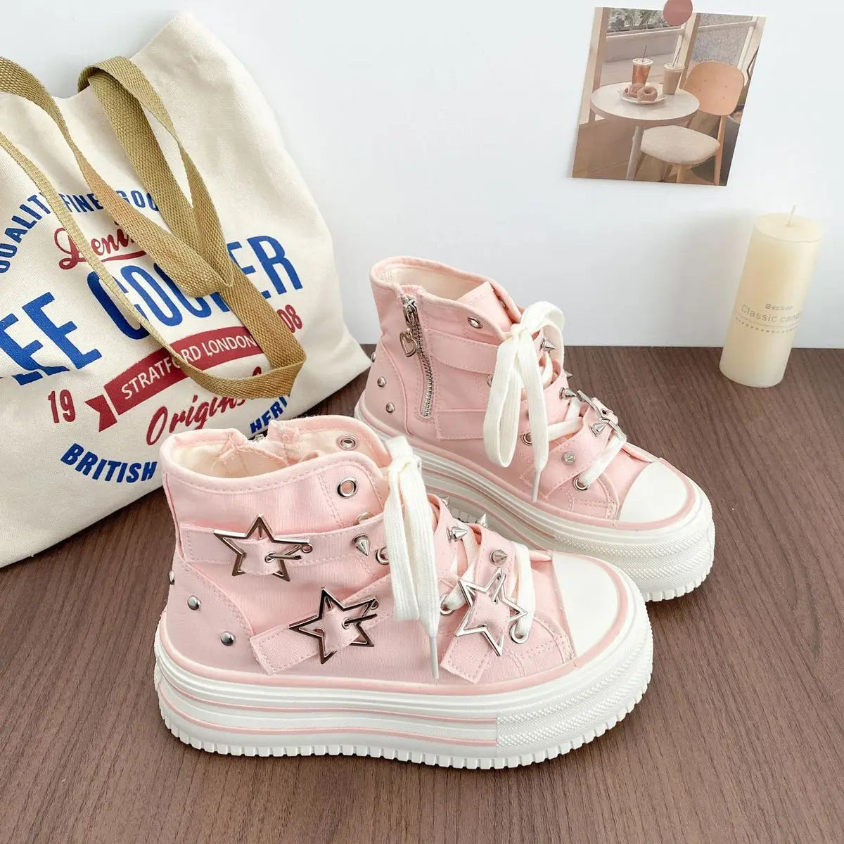 Y2K Pink High-top Canvas Shoes for Women Design Rivet Buckle Lace-up Platform Women's Summer Sports Shoes Fashion Board-shoe