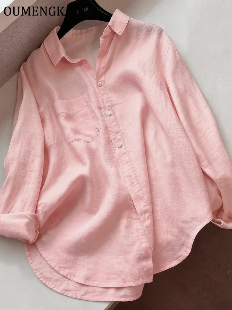 Women Minimalist Loose Tops Fashion Summer Thin Cotton Linen White Shirt Long Sleeve Blouse Solid Turn-down Collar Easy Wear