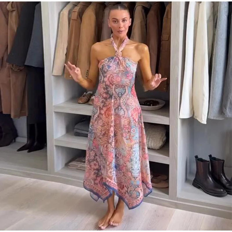 Halter Neck Floral Print Split Set Sleeveless Casual Top Tropical Wrap Slit Maxi Skirt 2026 Summer Bohemian Holiday Women Outfit