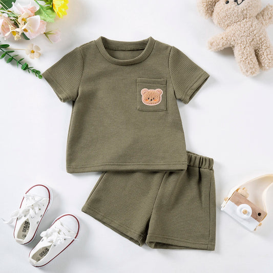 New Kids Summer Clothes Set Boys Girls Short Sleeve T-Shirt Shorts 2Pcs Baby Outfits Korean Style Waffle Bear Print Casual Wear