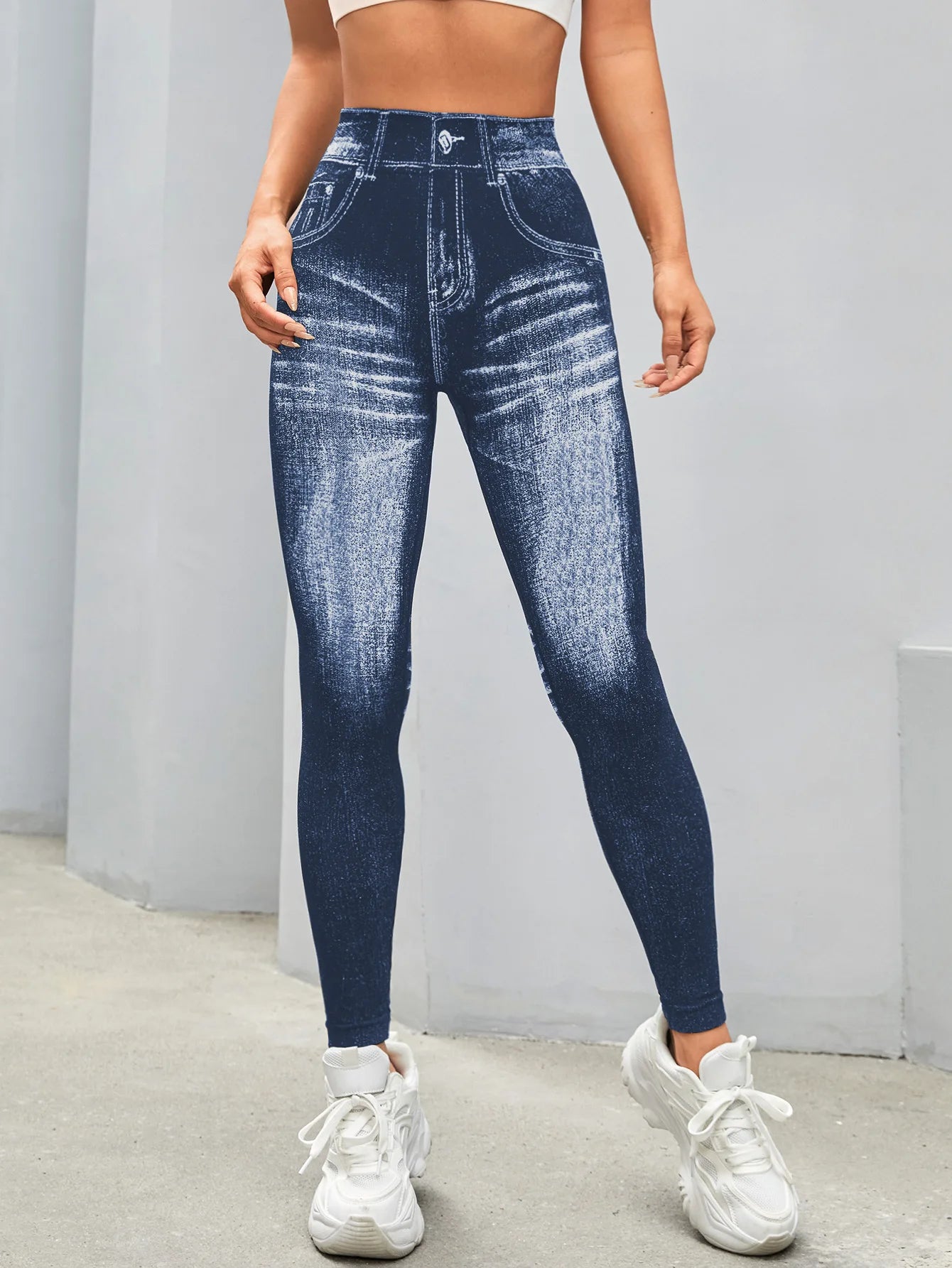 Women V Back Faux Denim Leggings For Gym Workout Athletic Yoga Pants Seamless