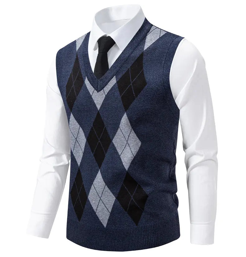 Mens Business Casual Knit Vest Classic Argyle Light Weight Knitwear Suit Vest Versatile Sleeveless Pullover Vests