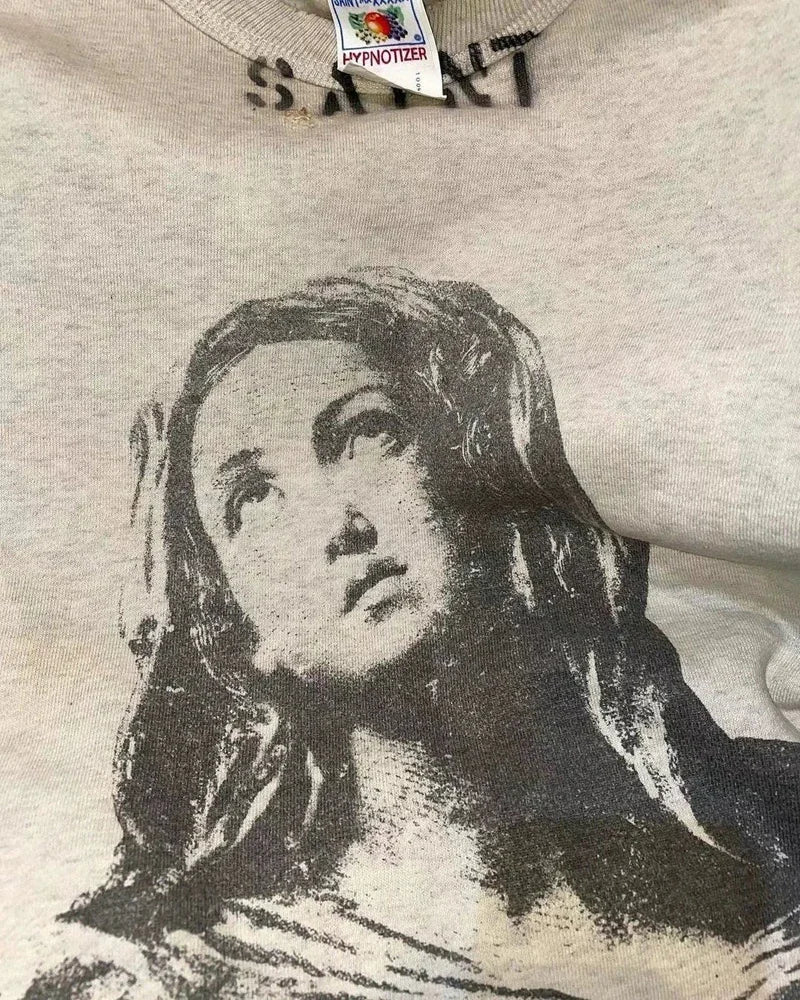 Real Photo Portrait Graffiti Print Saint Hoodie Wash Do Old Destroy Loose Pullover Casual Women Men Sweatshirt