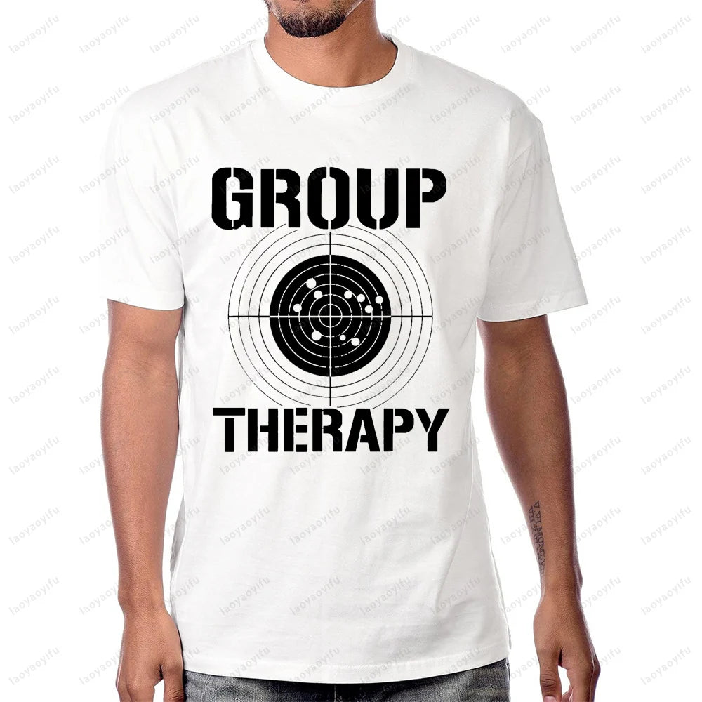 Group Therapy Shooting  Funny Gun Graphic T-Shirt Casual Fashion Loose Harajuku Man Tshirt Hip Hop Summer Short Sleeve Women Tee