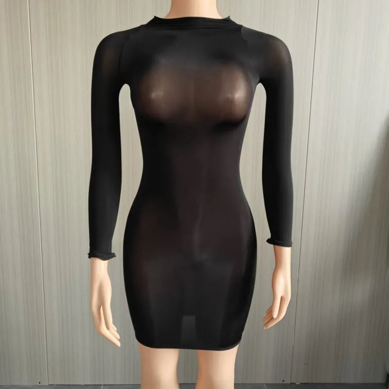 Sexy Ultra-Elastic Perspective Thin Long Sleeved Dress Dress Self-cultivation Women Clothing Tight-fitting Multiple Styles Dress