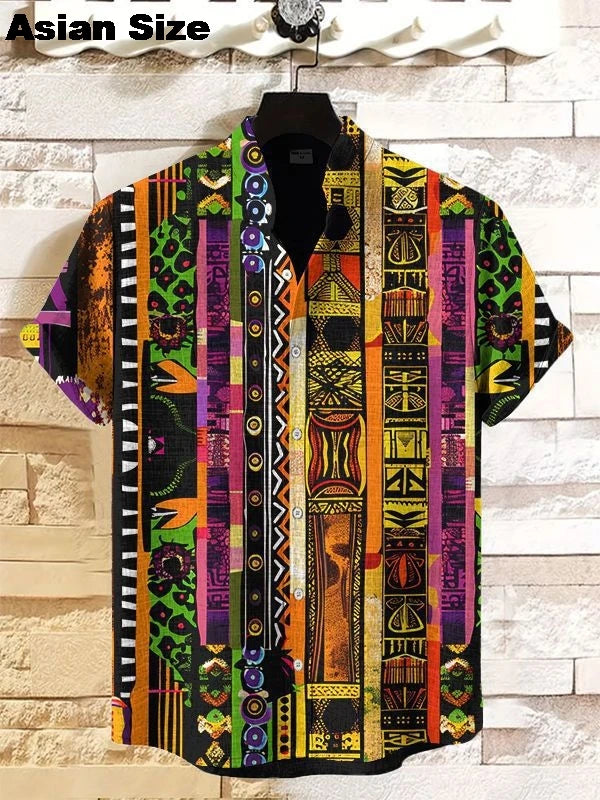 2025 Vintage African Style Men's Retro Ethnic Tribal Short Sleeve Shirts Tops Fashion Casual Dashiki Streetwear Men's Shirts