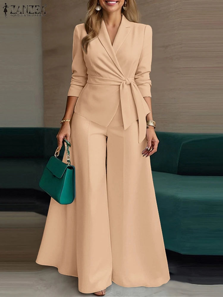 ZANZEA Elegant 2 Pieces Pant Sets Long Sleeve Belted Lightweight Blazer & Wide Leg Pant 2pcs Suits Office Lady Commuting Sets BAZAARHUBO