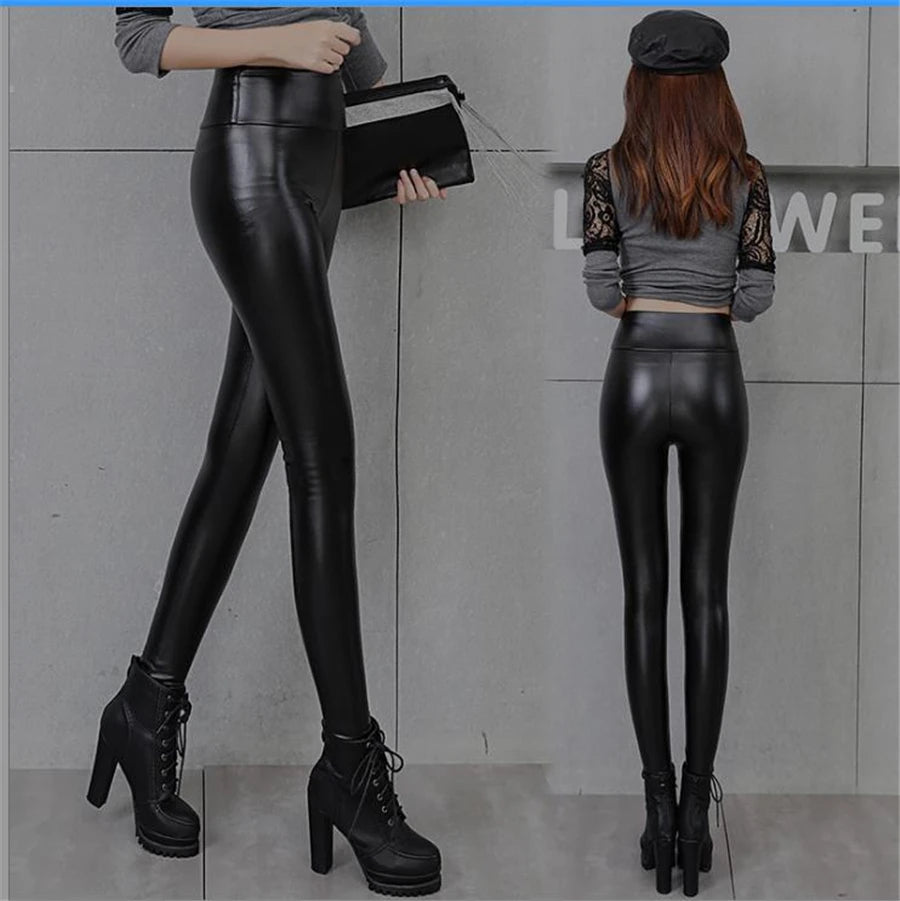 Winter Pu Leather Fleece Lined Leggings Pant Women High Waist Thicken Warm Lamb Fluff Slim Pencil Leggins Black Pantalones
