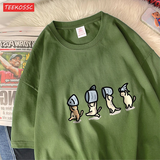 Cat Print Loose Cotton T-Shirt