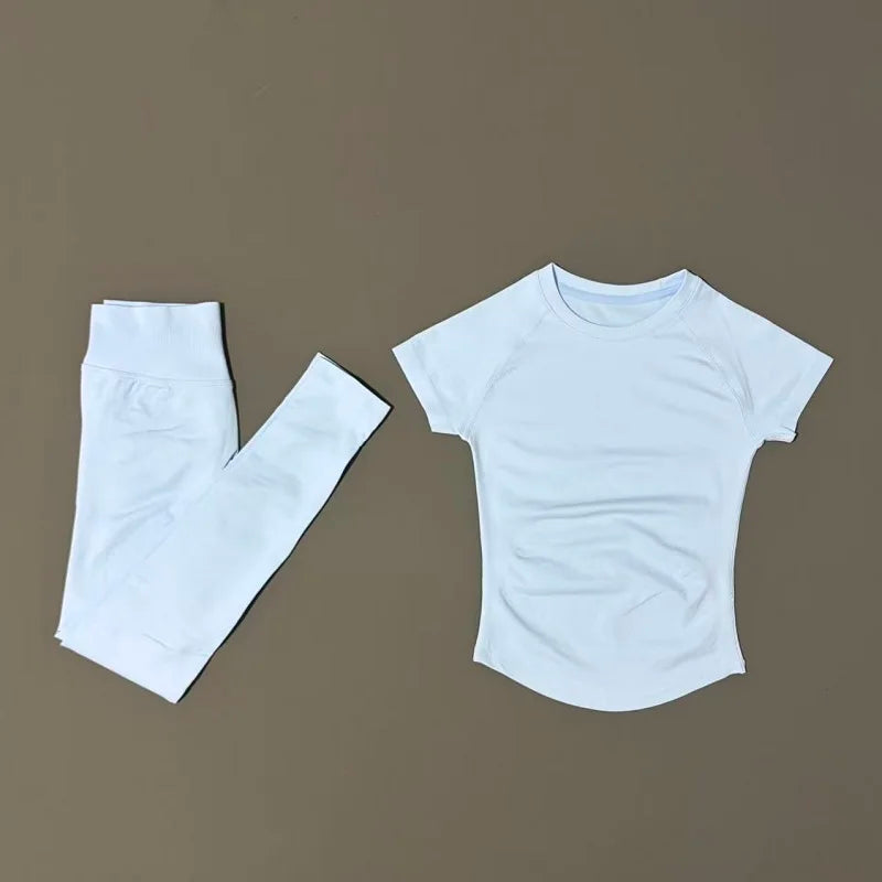 2 Pieces HISTELLO Yoga Set Women Short Sleeve Crop Top Low Waist Butt Lifter Leggings Seamless Breathable Stretch Fitness Sets