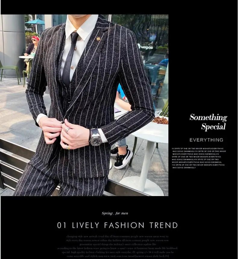 2023 Men's British Fashion Three-piece Set Slim Fit Suit Vest Trousers Ensemble Handsome Trendy All-in-one Banquet Blaze