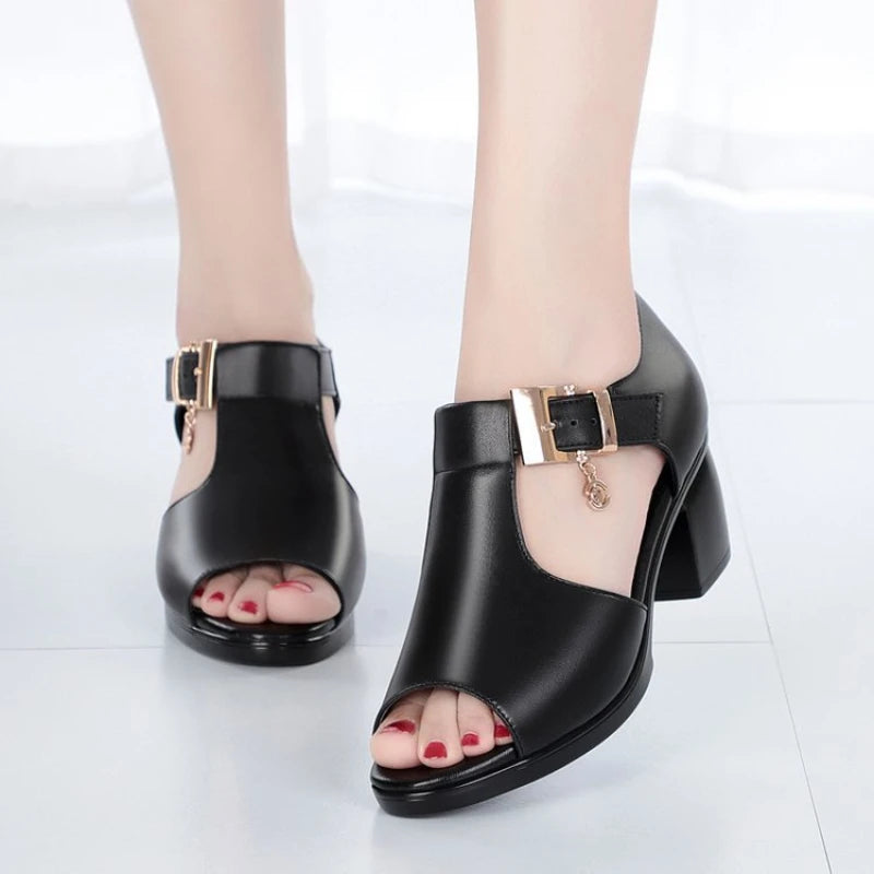 Summer Women Sandals Peep Toe Mom Shoes Thick Heels Female High Heels Metal Buckle Non Slip Women Shoes Trend Sandalias De Mujer