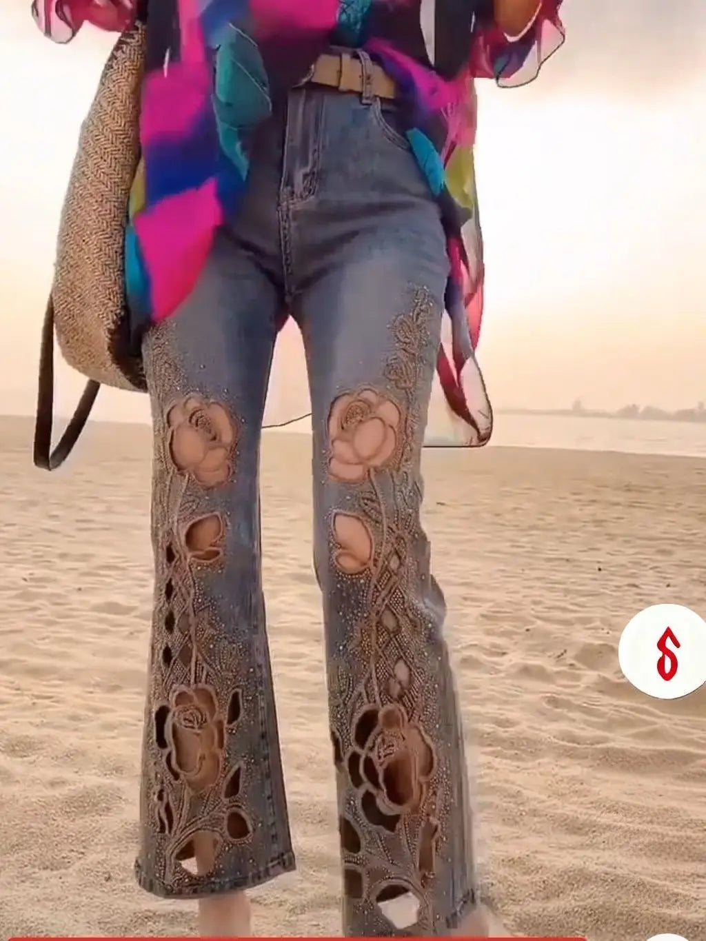 2025 Summer Women New Heavy Industry Hollow Embroidered Jeans Women High Waist Skinny Fashion Versatile Nine-Point Flared Pants