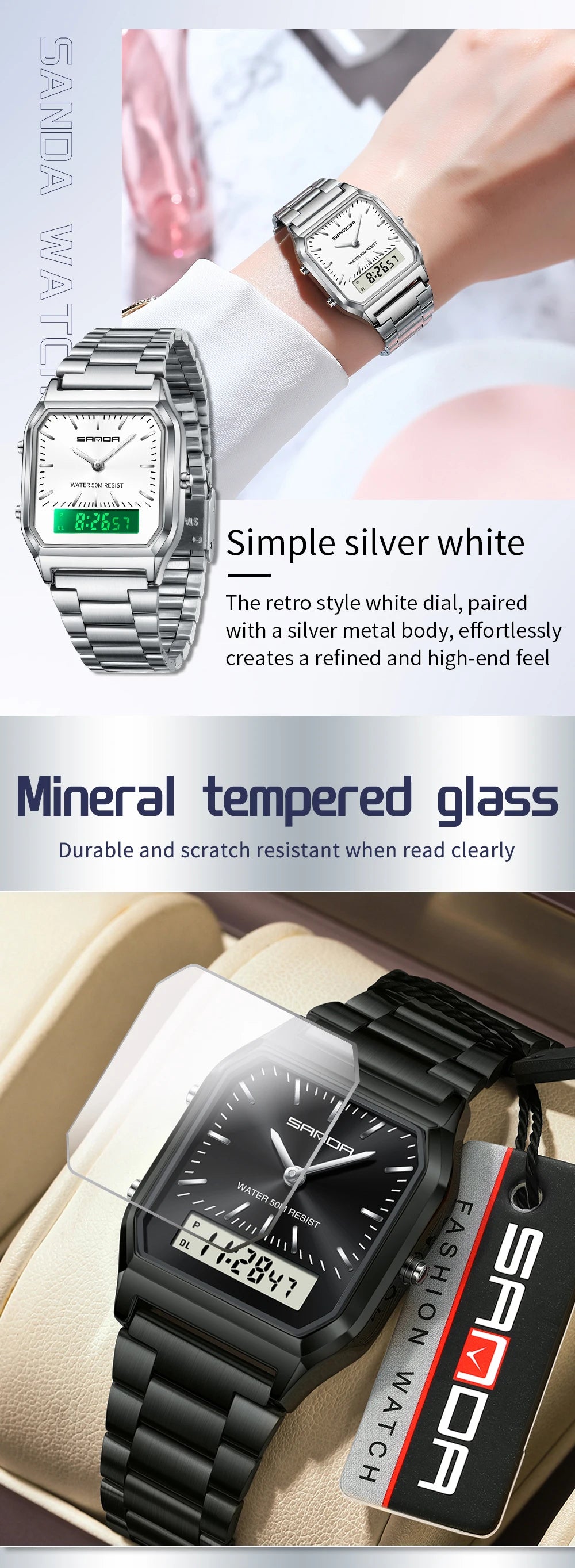 SANDA Men's and Women Watch Fashion Watches Business Style Alarm Clock Man Digital Wristwatch Square Dial Stainless Steel Strap