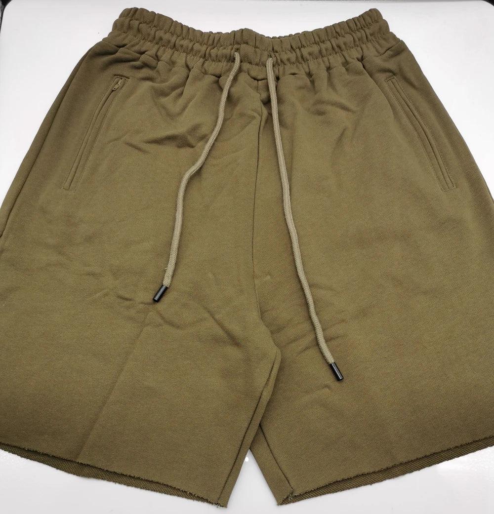 Men Cotton Shorts Thick 380g Bodybuilding Short Sweatpants Fitness Jogger Gym Men Kanye Grey West Shorts Black Zipper Pockets