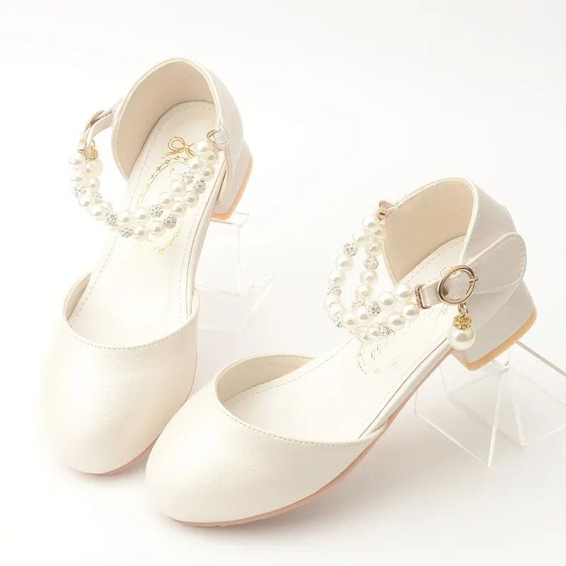 Pink Black White Party Wedding Shoes Children's High Heels Girl Shoe Elegan Pearl Princess Dress Girls Heel Shoes Child 2024 New