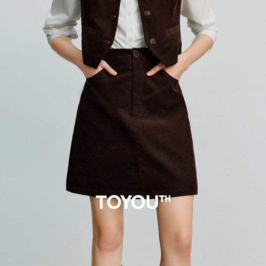 TOYOUTH Women Midi Skirt 2025 Autumn New Retro Corduroy Elastic Waist Pure Cotton A Line Mini Skirt