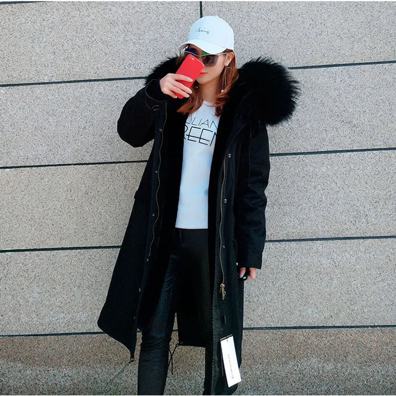 Maomaokong Winter Woman Natural Fur Overcoat Plus Size Black Parkas Raccoon Real Fur Lining Extra Larg Warm Jacket Coats Long