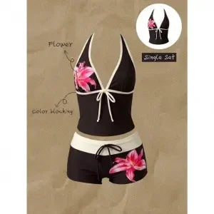 Summer Beach Swim Outfits Women Halter V-Neck 2-Piece Tankini Tie Camisole Top Slim Contrast Waistband Seaside Pool Suits