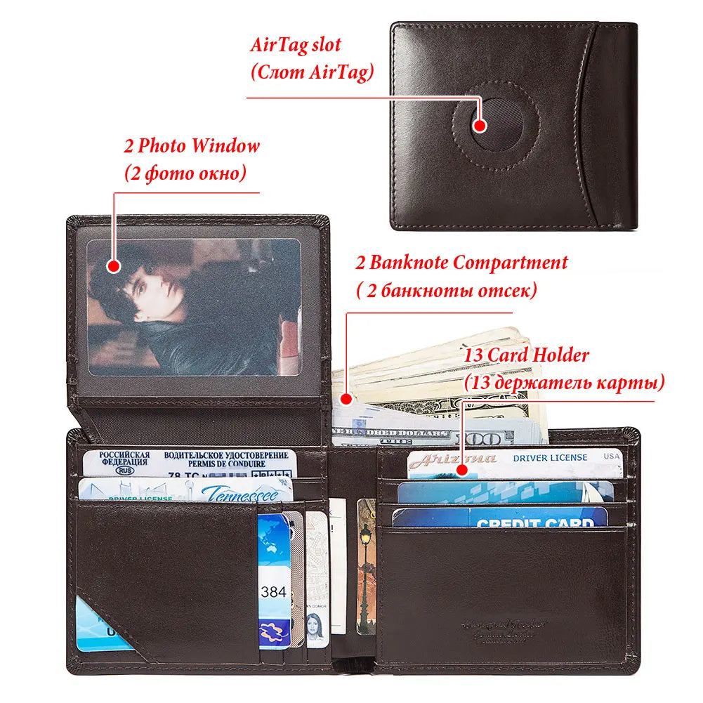 HUMERPAUL Airtag Wallet For Men Real Leather RFID Trifold Card Holder Case with ID Window Slim Anti-lost Purse