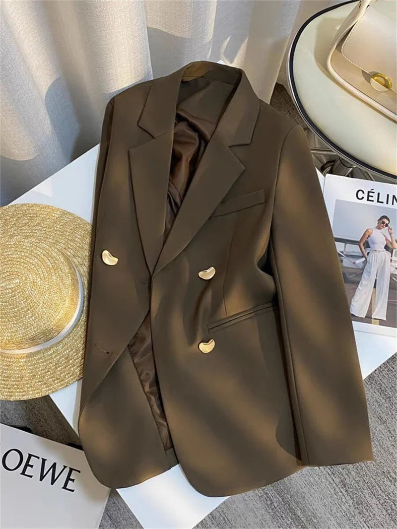 Vintage Double-breasted Blazers Jacket Women Elegant Temperament Metal Buttons Blazer Coat Ladies Long Sleeve Black Outerwear