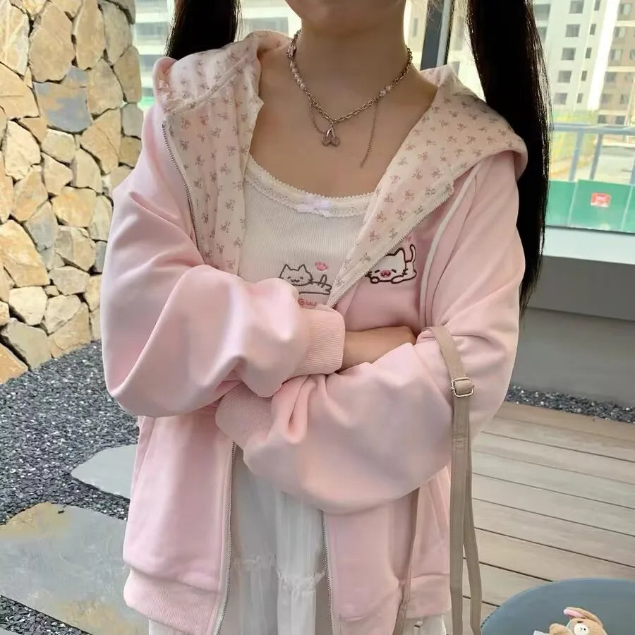 Harajuku Korean  Kawaii Hooded Coat Women Thin Long Sleeve Zipper Cardigan Y2K Streetwear New Mid-length Loose Jackets