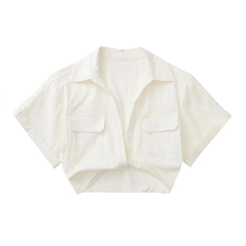 Women Fashion Front Knot Elastic Linen Cropped Shirts Vintage Short Sleeve Patch Pockets Female Blouses Blusa Chic Tops