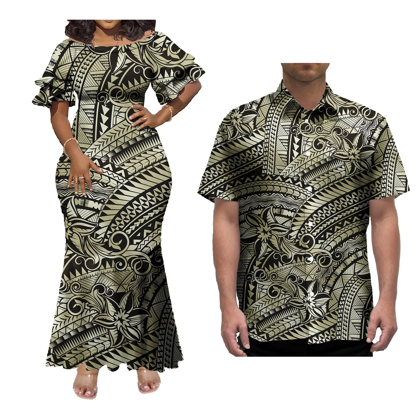 Mermaid Dress And Buttons Shirt Polynesian Couple 2 Pcs Set Plus Size Party Samoan Puletasi Matching Couple Outfits