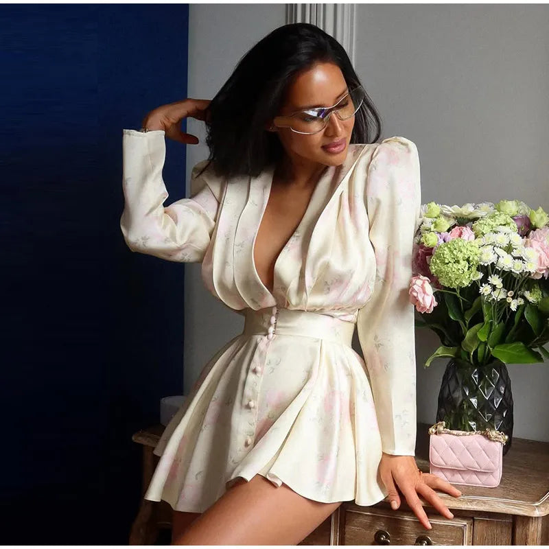 Elegant Women's Printed Waistband Short Dress Deep V-neck Long Puff Sleeve Pleated Dresses 2026 Summer Lady Holiday Party Robe