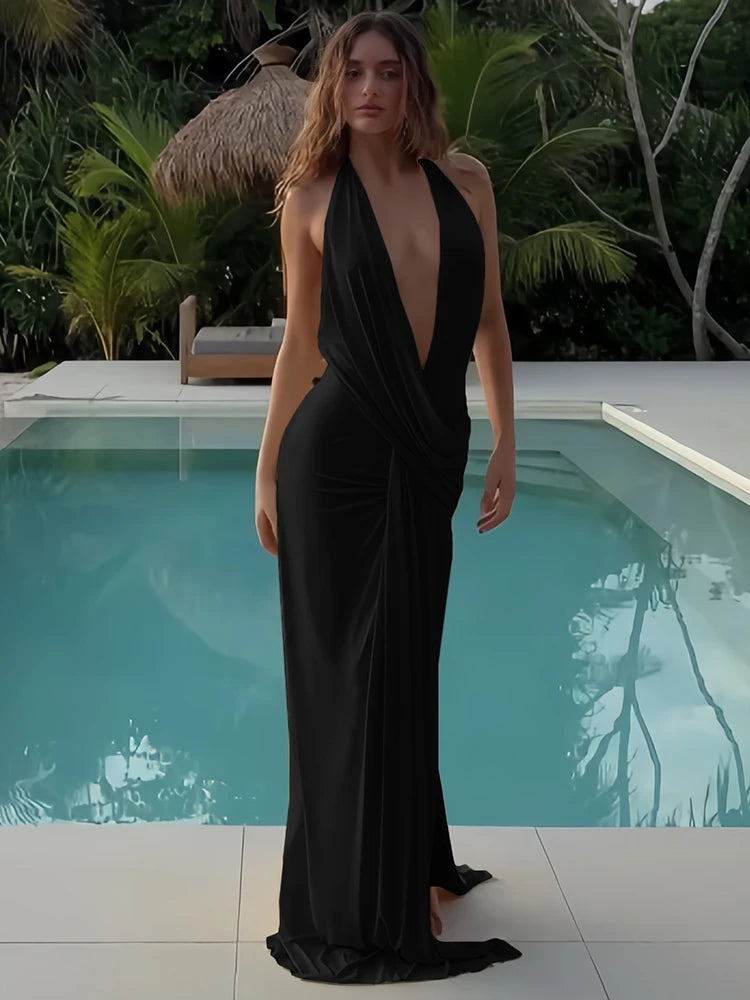 Weird Puss Backless Halter Dress Women Deep V Neck Sleeveless High Slit Hem