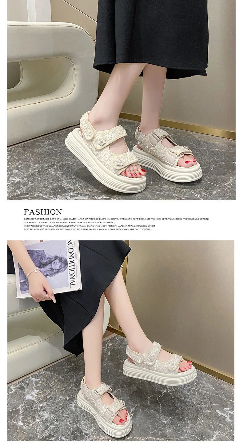 Women's Platform Sandals Handmade Leather Rubber Bottom Flat Sandals Metal Decorative Element Summer Casual Ladies Outdoor Shoes