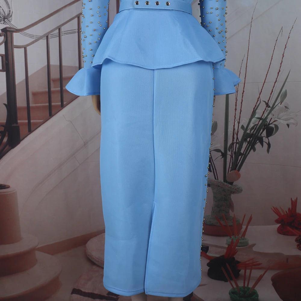 Fashion Suit African Dresses for Woman Rhinestone Turkey Dresses for Women Luxury High Quality Mesh Fabric African Beaded Dress