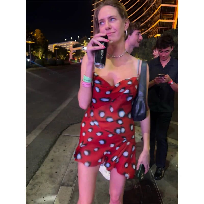 Women Two Tone Dot Print Long Sleeve Split Midi Dress Y2K Deep V Drawstring Slim Mermaid Skirt 2026 Street Club Party Outfit