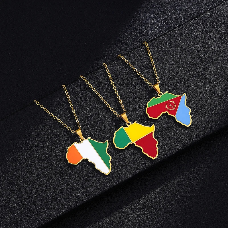 African Map Flag Pendant Necklace Stainless Steel Men Women Rwanda Sudan Uganda Zimbabwe Zambia Ethnic Maps Jewelry Gift