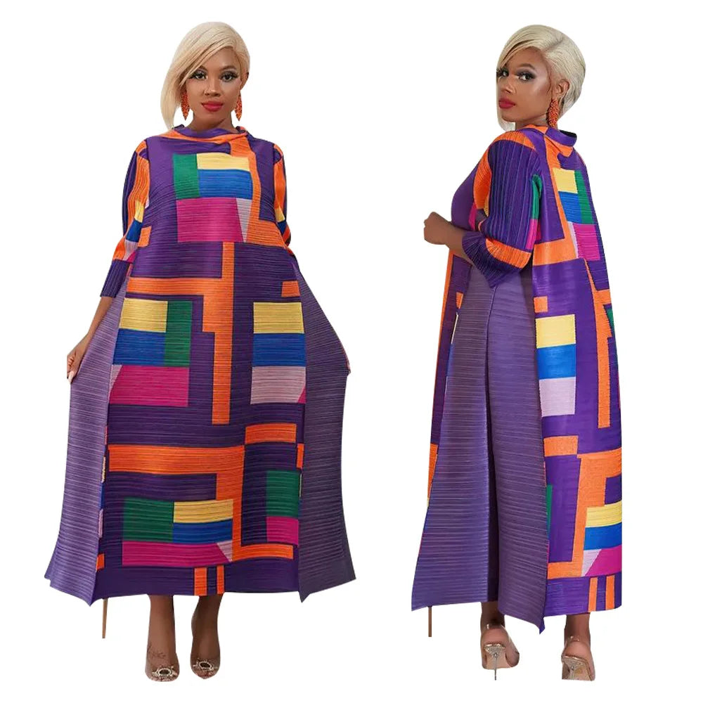African Dresses for Women Summer Fashion Style African 3/4 Sleeve Polyester O-neck Pleated Dress Dashiki African Clothes Women