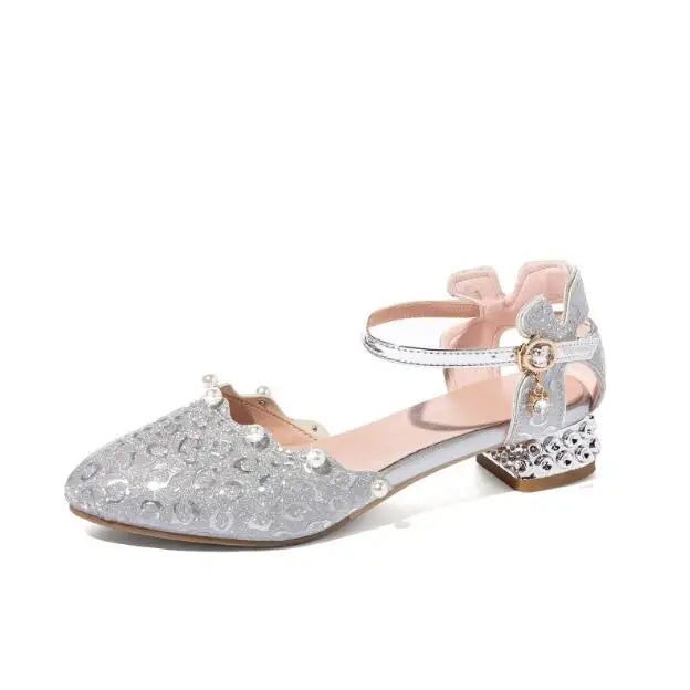 Princess Kids Leather Shoes Girls Sandal Sweet Pearl Casual Glitter Children High Heels Girls Party Dance Shoes Pink Gold Silver