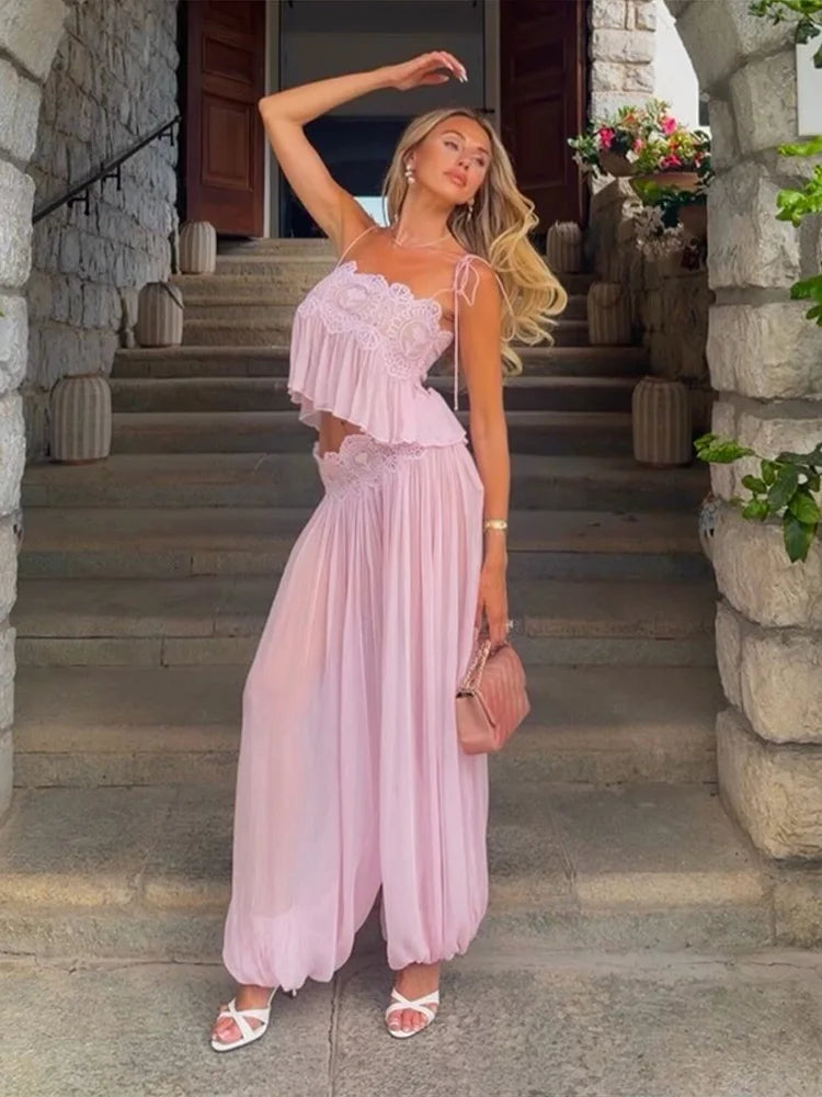 Women Pant Set Sheer Layers Spaghetti Strap Backless Lace Top Straps Solid Loose Straight Elastic Hem Fashion Beach Chic Suits