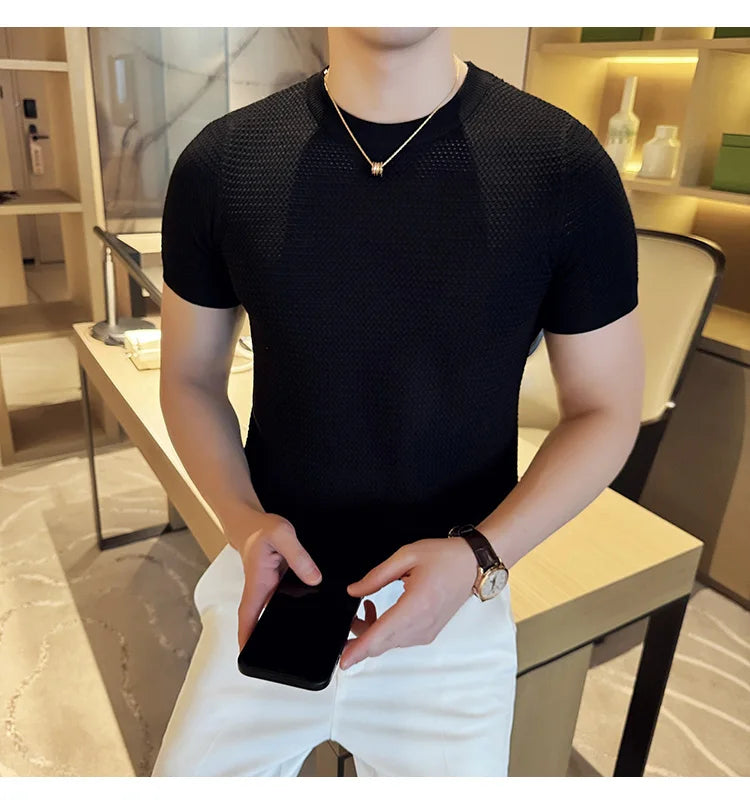 Summer Breathable T-Shirts For Men Korean Luxury Clothing O-Neck Short Sleeve Knitted Men's T Shirt Fashion Hollow Tops&Tees 3XL