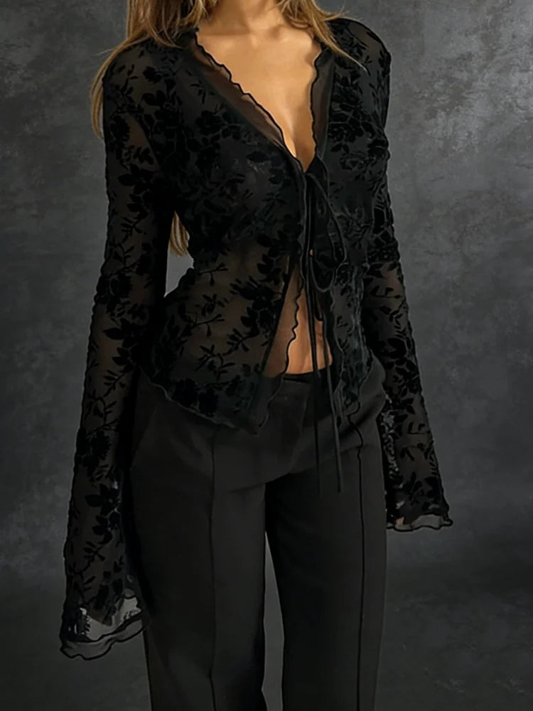 Autumn New Fashionable Chiffon Slim Fit Ruffle Trumpet Sleeve Shirt for Women