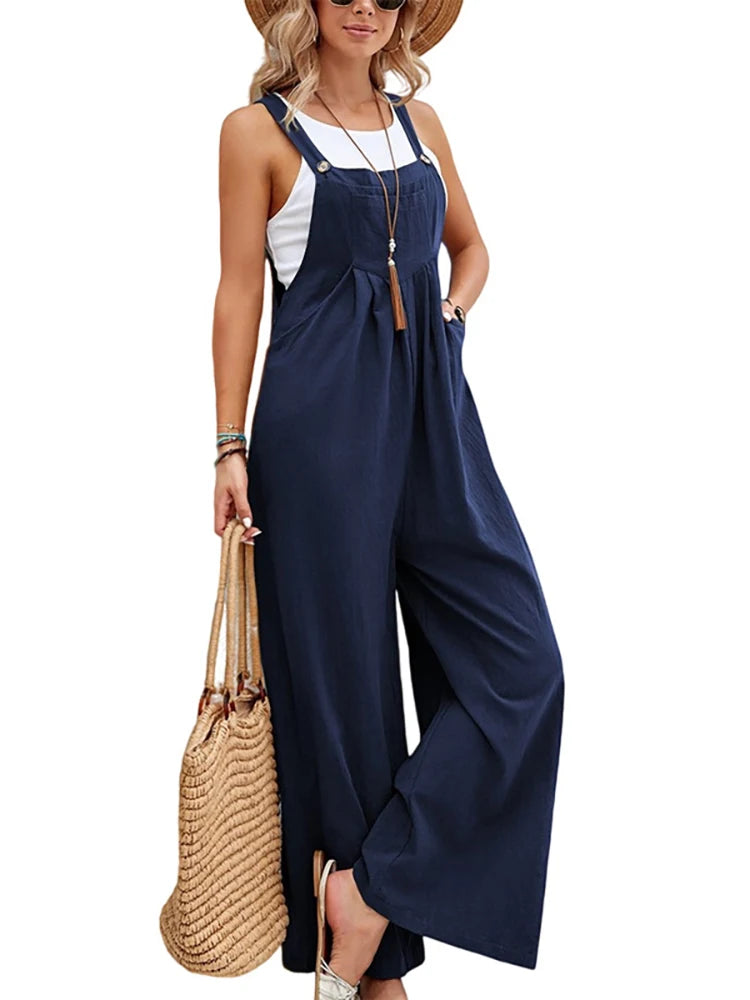 Women Casual Straps Jumpsuits Summer Autumn Harajuku Slim Wide Leg Trousers Dungaree Bib Overalls Elegant Sleeveless BF Jumpsuit