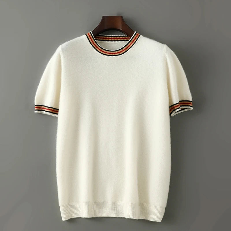 2026 Summer New Fashion O-Neck 100% Wool Knit Short Sleeve Spliced Business Casual T-Shirts Men's Clothing Loose England Tees