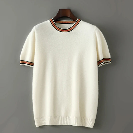 2026 Summer New Fashion O-Neck 100% Wool Knit Short Sleeve Spliced Business Casual T-Shirts Men's Clothing Loose England Tees