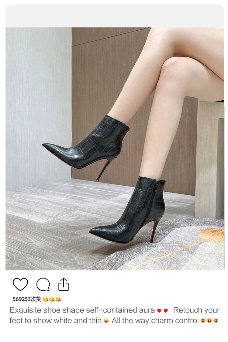 Autumn and winter new turtle patterned short boots, slim high heels, black 10cm, female pointed, slim heels, Shizang bare boots