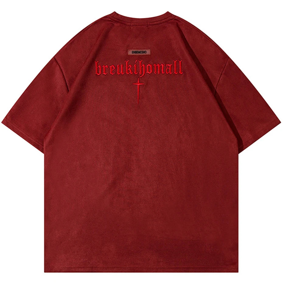 Hip Hop Suede T Shirts Letter Embroidery Oversized Harajuku Streetwear Tshirts 2023 Men Summer Loose Casual Tee Shirt Tops