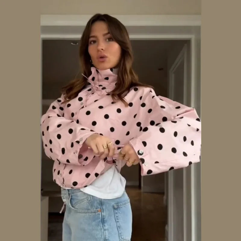 Chic Polka Dot High Neck Short Jacket For Women Long Sleeve Loose Lace Up Coat Commuter Casual Outwears 2026 New Lady Streetwear