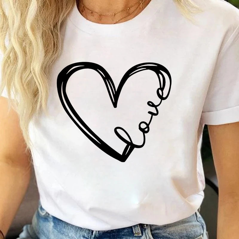 Love Heart Printed Trend Women Fashion Clothing Graphic T-shirts Clothes Print Female Shirt Short Sleeve Lady Casual Tee