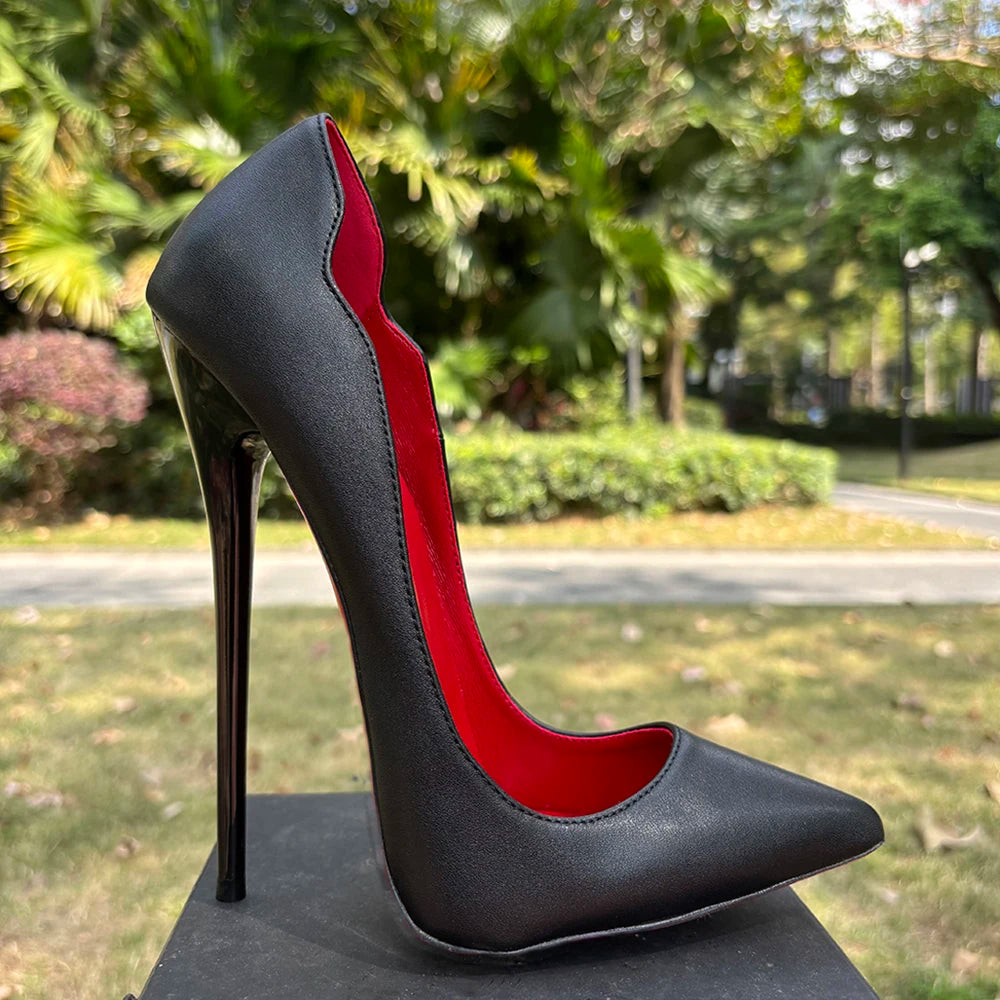 2026 Customize Side V Cut 16cm Ultra High Heels Matte Black Red inside Woman Pumps Curl Cut Slip on Pointed toe T-stage Shoes