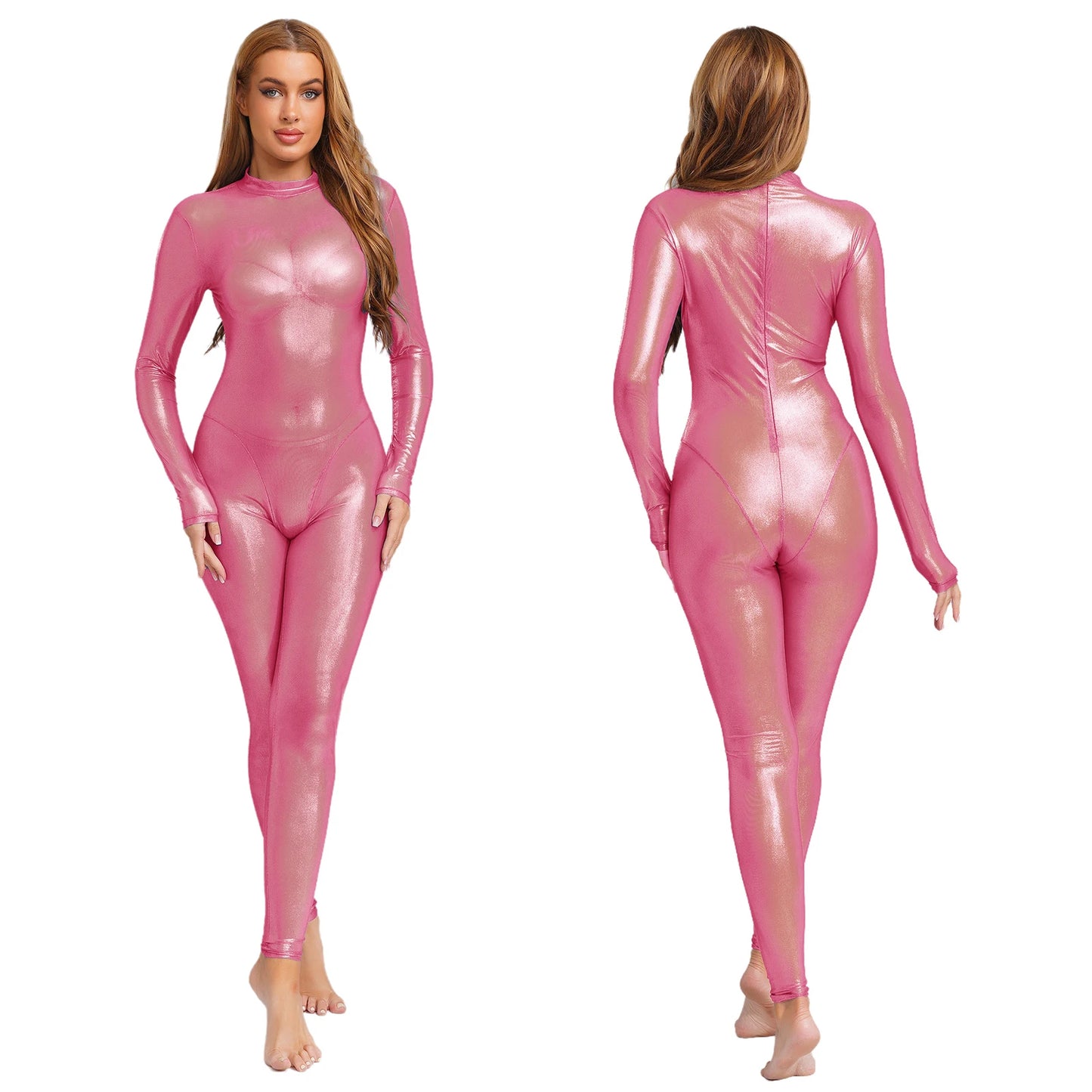 Women Metallic Shiny Full Body Unitards Jumpsuit Rave Nightclub With Back Zipper