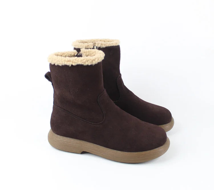 Careaymade-Genuine cow leather Snow cotton round head flats woolen short boots plush warm snow boots Oversized shoes size 35-43