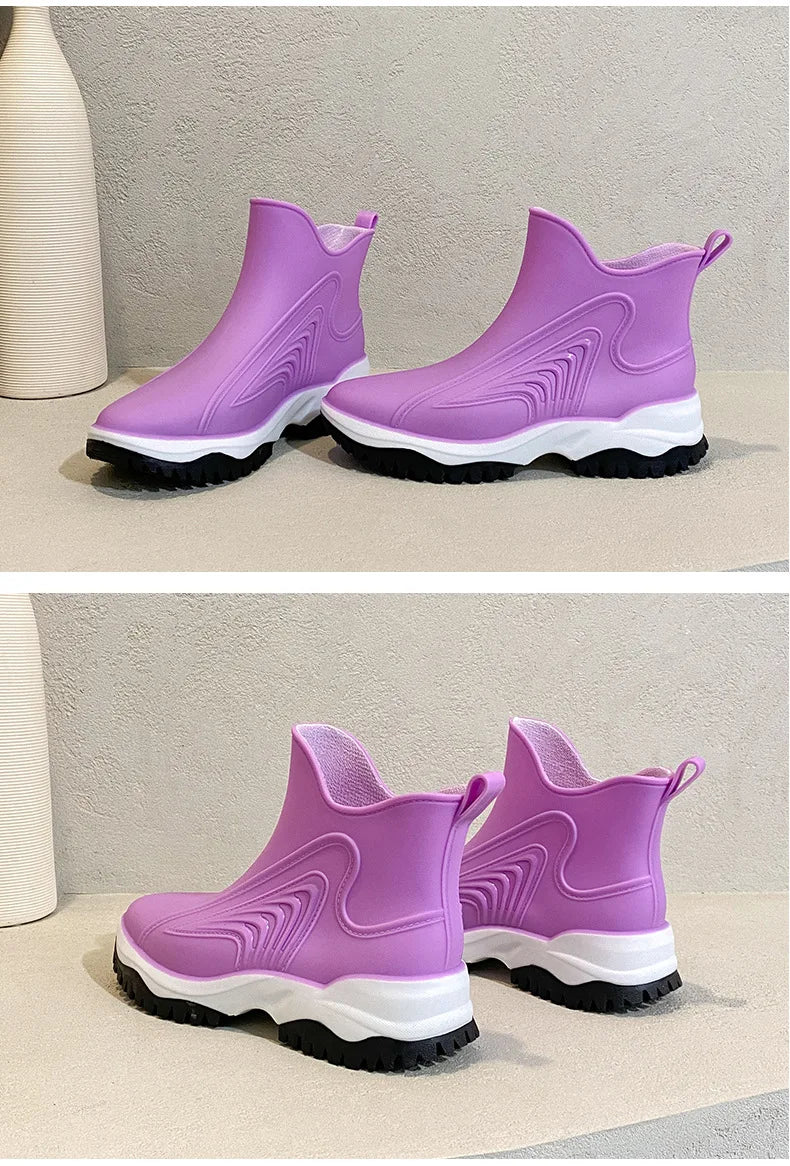 Women Rainboots Slip-on Waterproof Girls Ankle Boots PVC Anti-Slip Spring Autumn Rain Shoes Platform Woman Fishing Rubber Shoes